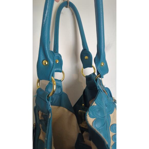 Large Turquoise Big Buddha Tan Canvas Floral Patchwork Tote Shoulder Bag - Picture 5 of 8